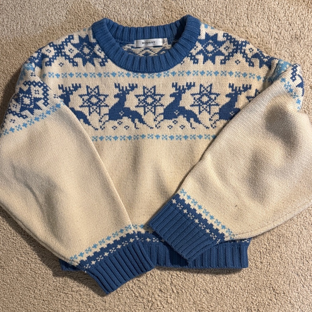 moussy balloon sleeve Reindeer Fair Isle Sweater in Cream & Blue